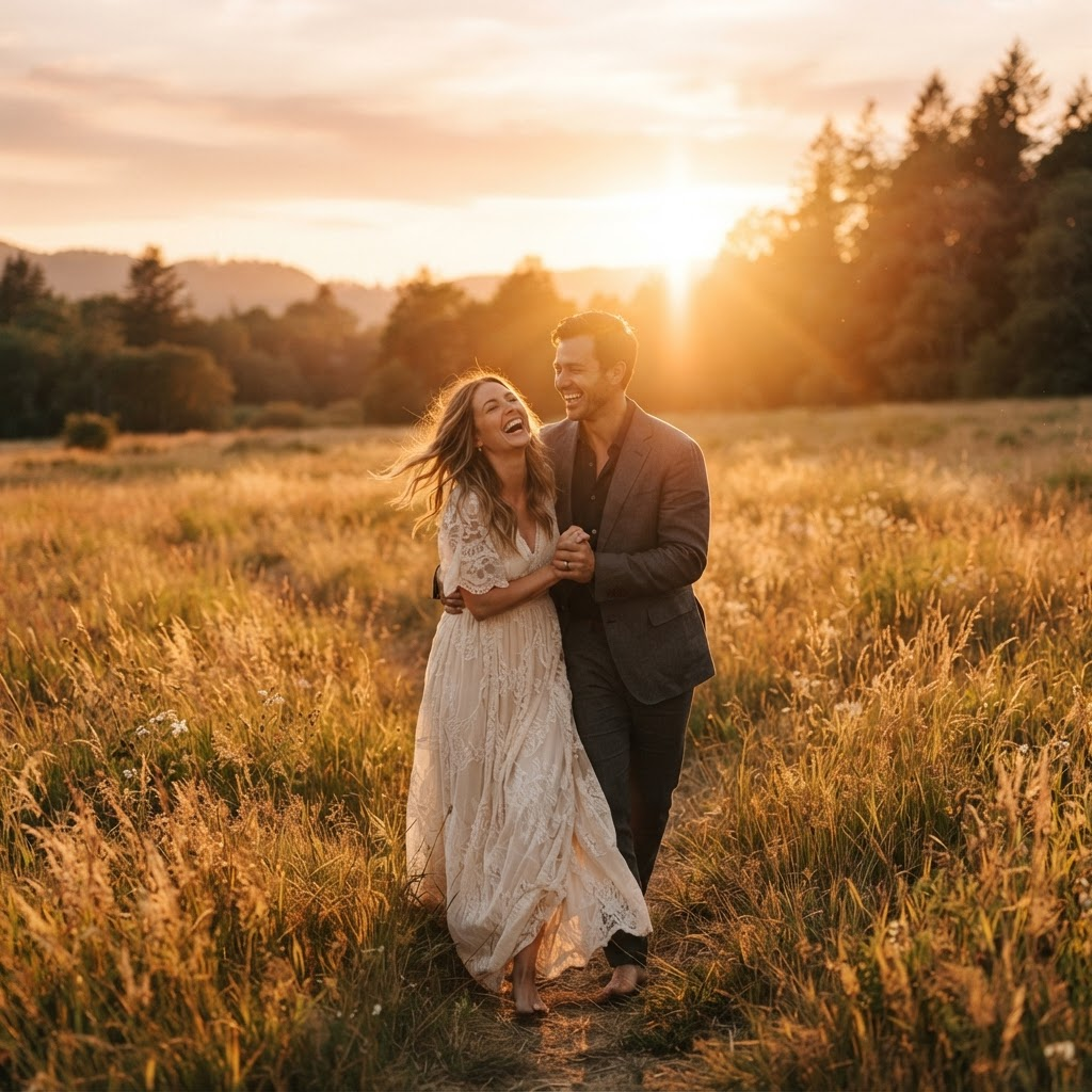 An engaged couple laughing together outdoors during a golden hour session
