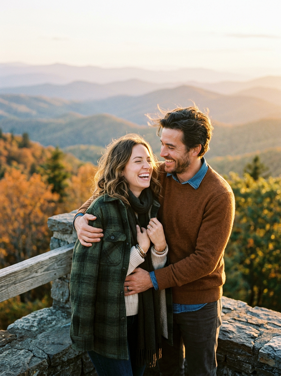 Harper and Miles laughing together on a mountain overlook at golden hour