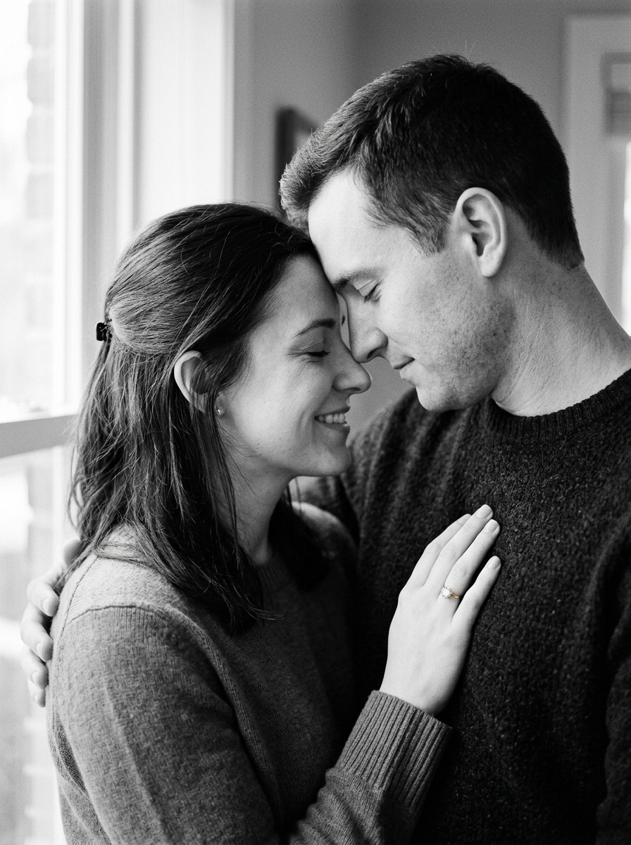 Ruby and Felix in a quiet black-and-white portrait