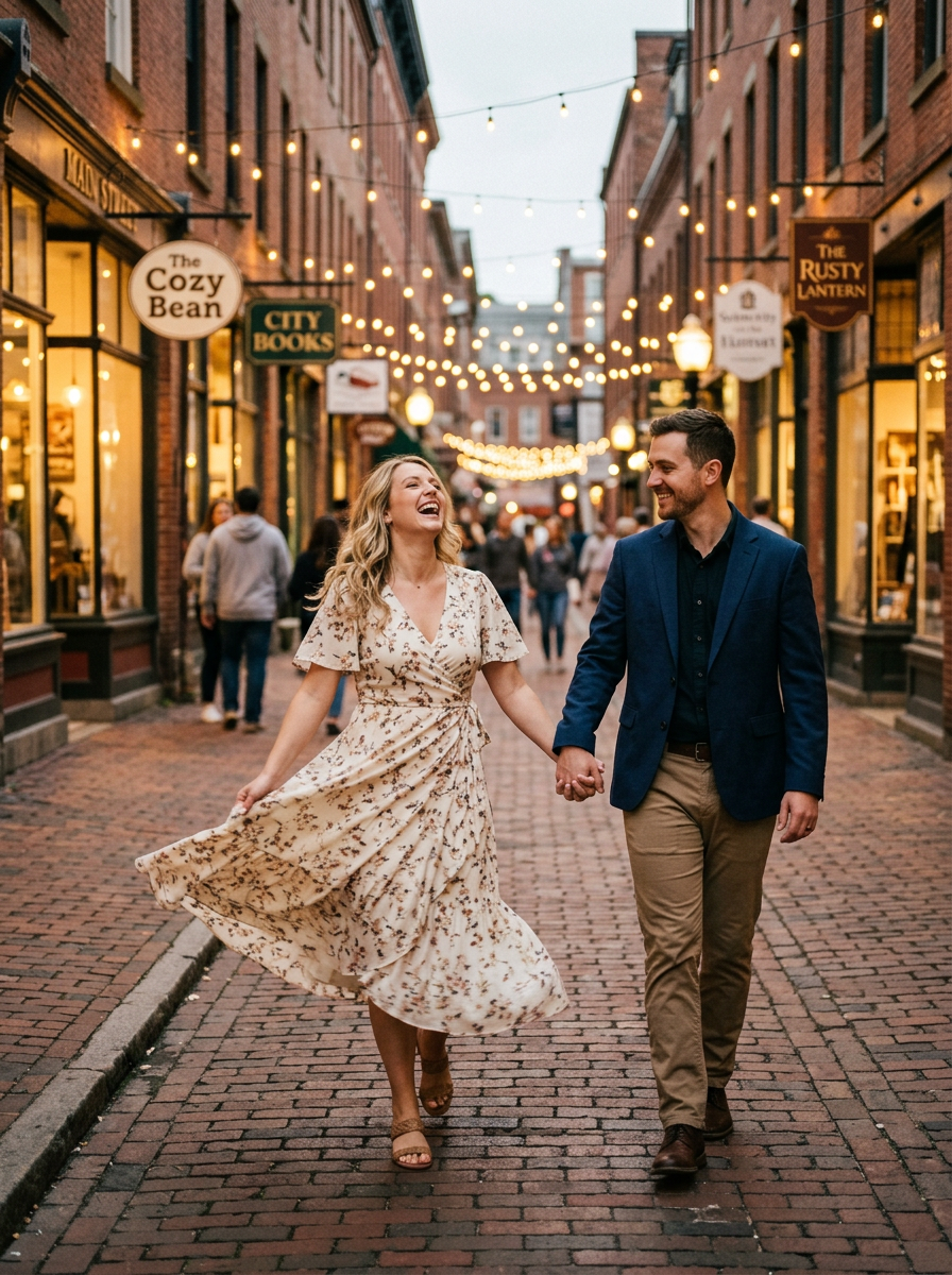 Zoe and Adrian walking a lamplit downtown street at dusk
