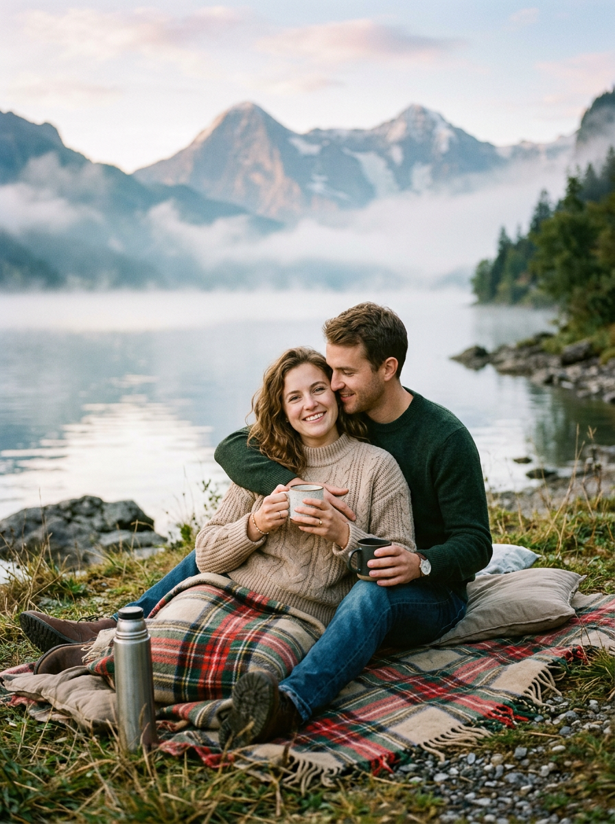 Ava and Lucas sharing coffee on a misty lakeshore at sunrise
