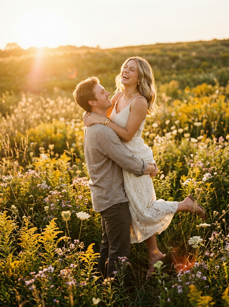 Chloe and Ethan laughing in a sunlit wildflower field