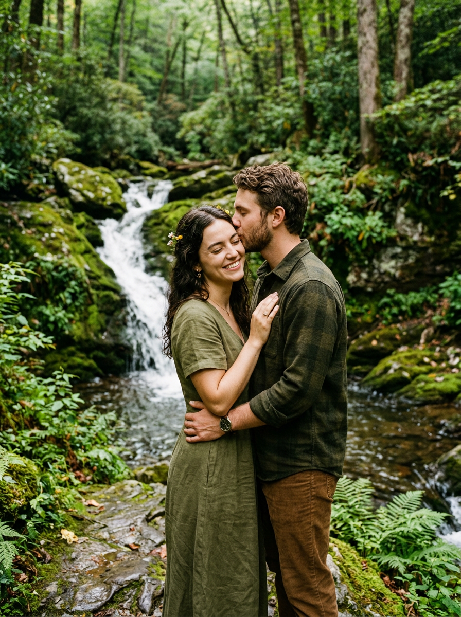 Layla and Owen beside a mossy waterfall in the forest