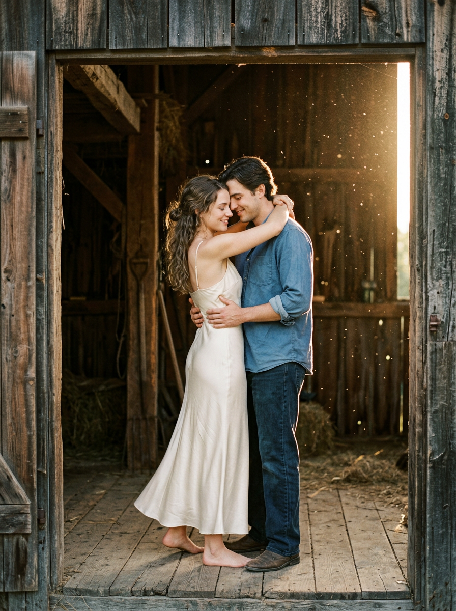 Nora and Gabriel slow dancing in a sunlit barn doorway
