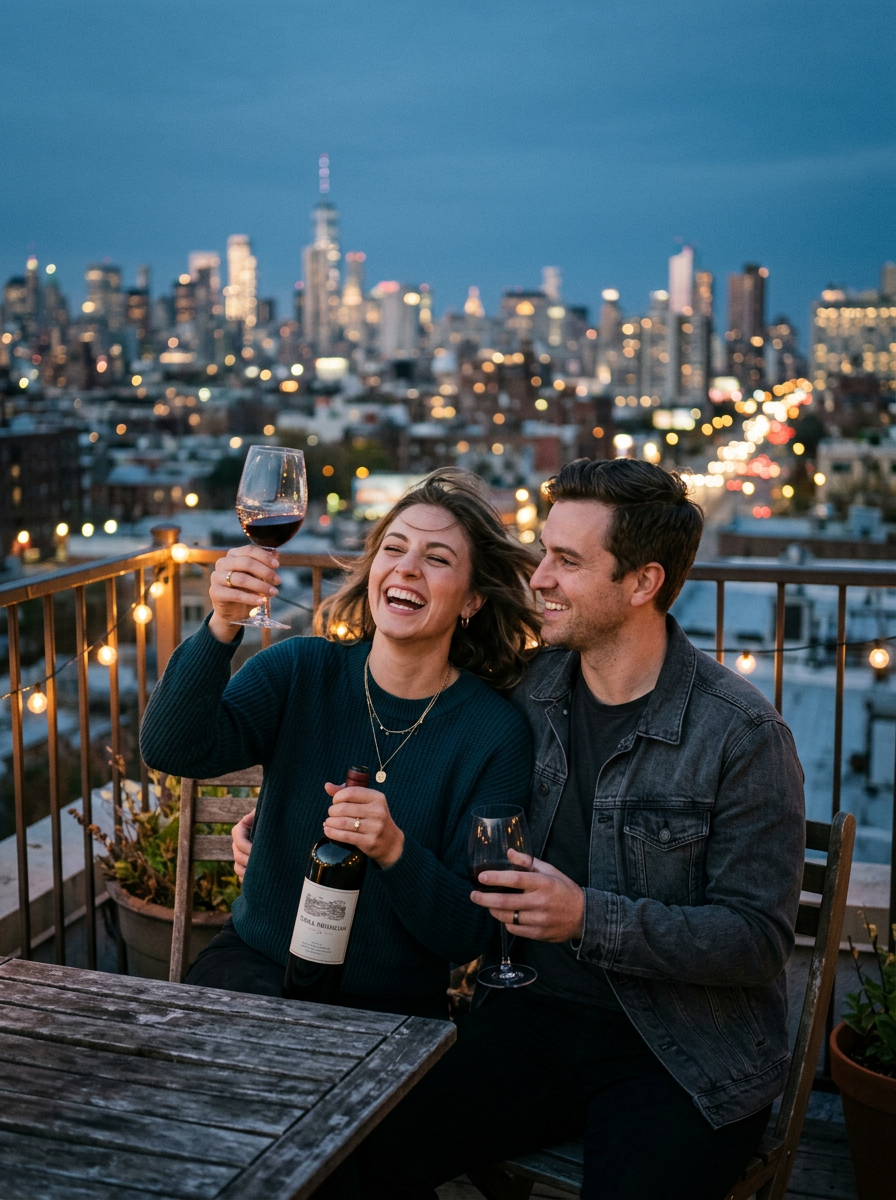 Stella and Julian toasting on a rooftop at blue hour
